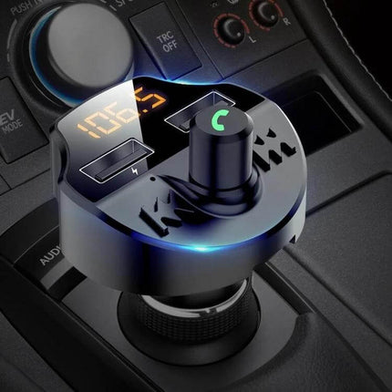 Car Bluetooth FM Transmitter And Charger, Hands-Free MP3 Player plugged into car socket with LED display, dual USB charging and call button