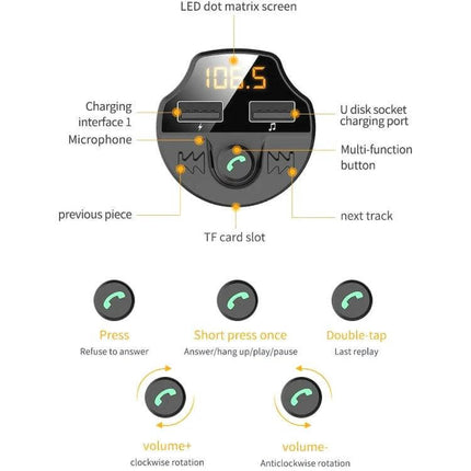 Car Bluetooth FM Transmitter And Charger, Hands-Free MP3 Player compact ABS device with LED display, dual USB, TF slot, microphone and multi-function controls