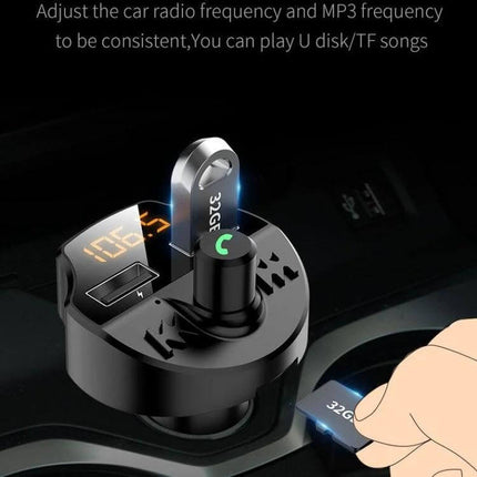 Car Bluetooth FM Transmitter And Charger, Hands-Free MP3 Player plugged into car cigarette lighter with USB drive and dual USB charging display