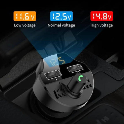 Car Bluetooth FM Transmitter And Charger, Hands-Free MP3 Player with dual USB ports, voltage display (11.6v/12.5v/14.8v) and navigation-aware volume control