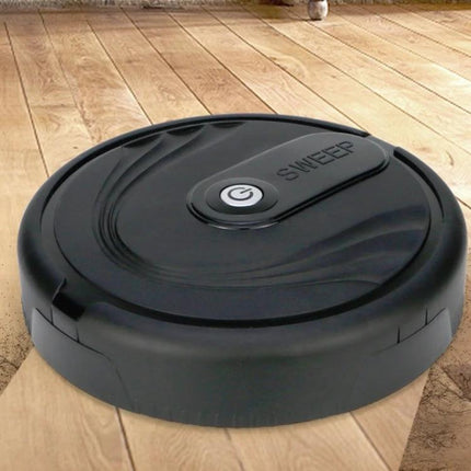 Household Sweeping Robot for Hair and Dust Cleaning compact black sweeper on hardwood floor, quiet pet-friendly dust and hair pickup