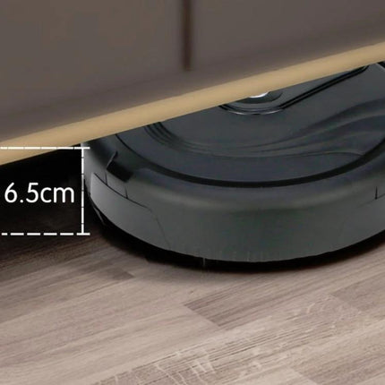 Compact Household Sweeping Robot for Hair and Dust Cleaning shown 6.5cm low profile under furniture, ideal for pet hair and dust
