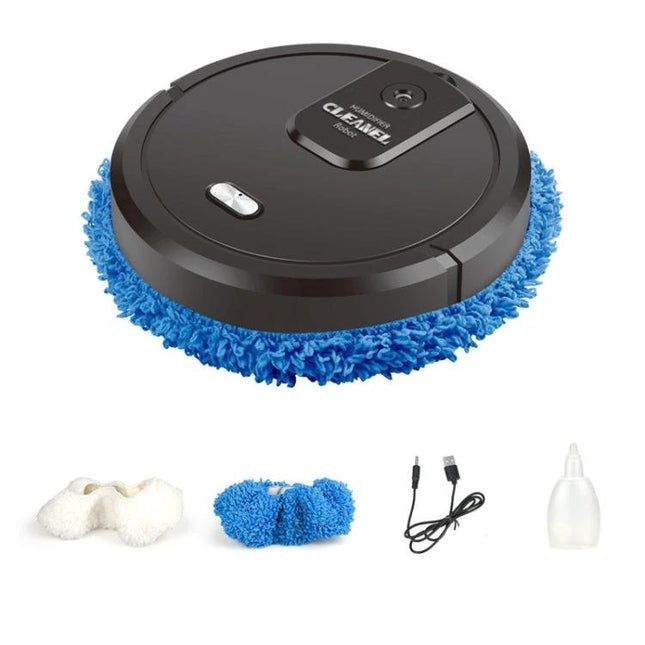 KeLeDi Multifunctional Mopping and Humidifying Robot black round floor unit with blue microfiber mop pads and accessories