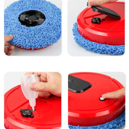 KeLeDi Multifunctional Mopping and Humidifying Robot showing removable blue microfiber pad, water fill port and top control button