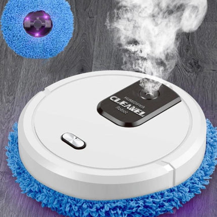 KeLeDi Multifunctional Mopping and Humidifying Robot on hardwood floor releasing mist while mopping blue microfiber pad