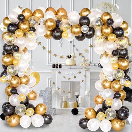 Classic Black Gold Latex Balloon Set for Birthday Parties - photo-ready black, gold, white mixed-size balloon arch for birthday decor