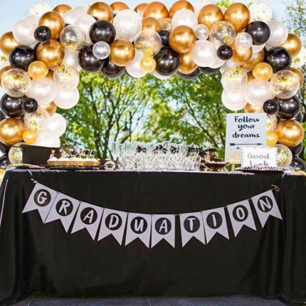 Classic Black Gold Latex Balloon Set for Birthday Parties balloon garland over graduation dessert table with black tablecloth