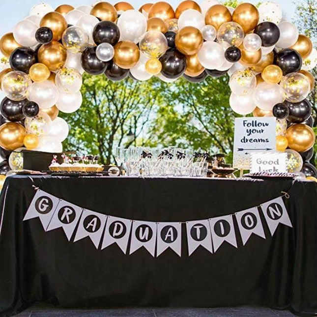 Classic Black Gold Latex Balloon Set for Birthday Parties balloon garland over graduation dessert table with black tablecloth
