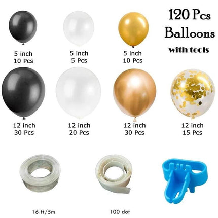 Classic Black Gold Latex Balloon Set for Birthday Parties with mixed 5" and 12" black, gold, white, confetti balloons and assembly tools