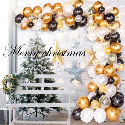 Classic Black Gold Latex Balloon Set for Birthday Parties photo showing black, gold, white mixed-size balloons arranged as a garland arch over bench