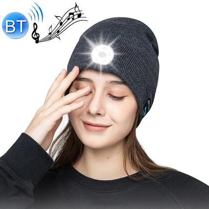 Alt Tag: Warm Knitted Hat for Evening Outdoor Adventures with Lights, Bluetooth beanie with removable LED light for nighttime visibility