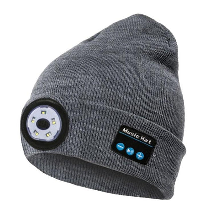 Warm Knitted Hat for Evening Outdoor Adventures with Lights gray Bluetooth beanie with removable LED light and music controls