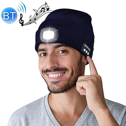 Warm Knitted Hat for Evening Outdoor Adventures with Lights - navy beanie with removable LED light and Bluetooth controls