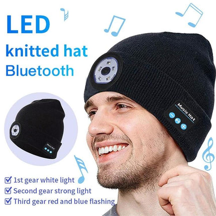 Warm Knitted Hat for Evening Outdoor Adventures with Lights - black LED Bluetooth beanie shown on smiling man, removable lights for visibility