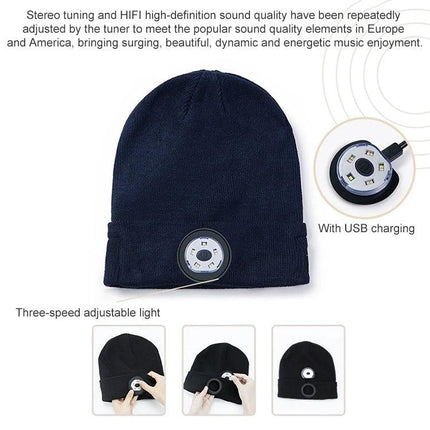 Warm Knitted Hat for Evening Outdoor Adventures with Lights navy beanie with removable USB rechargeable LED light and Bluetooth control, three-speed lighting