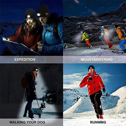 Warm Knitted Hat for Evening Outdoor Adventures with Lights shown in four scenes: expedition, mountaineering, walking your dog, running (LED lights visible)