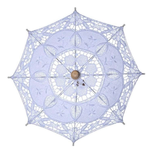 Elegant Bridal Lace Umbrella for Weddings and Photo Sessions white lace parasol with wooden handle, top-down view, romantic wedding accessory