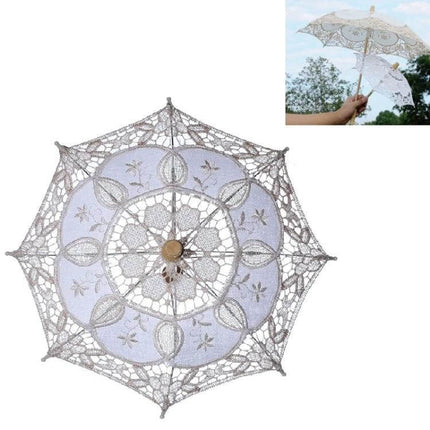 Elegant Bridal Lace Umbrella for Weddings and Photo Sessions with wooden handle and intricate white lace pattern