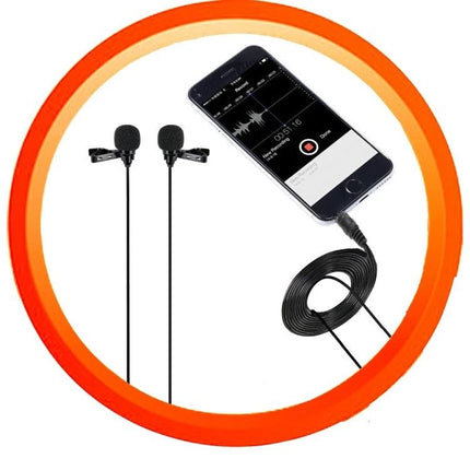 Compact Lavalier Microphone for Daily Video Calls and Recordings clipped to shirt beside smartphone recording audio