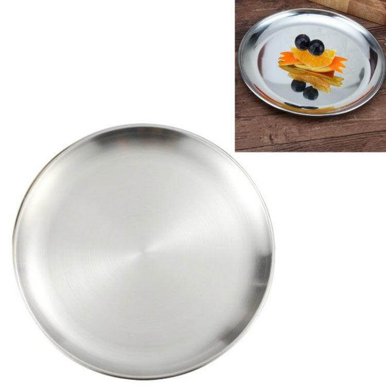 Thickened Stainless Steel Round Tray for Fruits, Cakes, and Snacks - Shallow Dish for Home and Restaurant Use