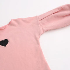 Cute Heart-Embroidered Puff Sleeve Sweatshirt for Girls - Warm Autumn & Winter Top