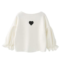 Cute Heart-Embroidered Puff Sleeve Sweatshirt for Girls - Warm Autumn & Winter Top