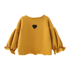 Cute Heart-Embroidered Puff Sleeve Sweatshirt for Girls - Warm Autumn & Winter Top