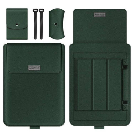 Laptop Storage Bag with Foldable Bracket for 13-14 Inch Models - dark green protective sleeve with foldable stand and accessories
