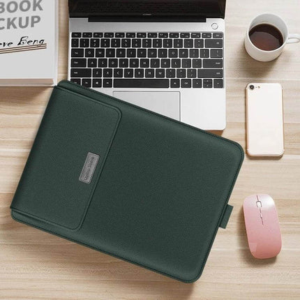 Laptop Storage Bag with Foldable Bracket for 13-14 Inch Models shown on desk with laptop, phone, mouse and coffee - protective travel sleeve