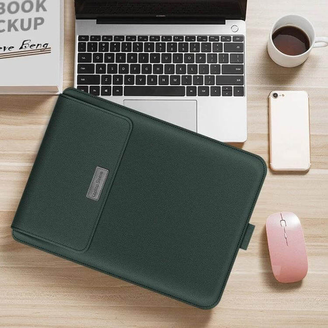 Laptop Storage Bag with Foldable Bracket for 13-14 Inch Models shown on desk with laptop, phone, mouse and coffee - protective travel sleeve