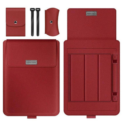 Laptop Storage Bag with Foldable Bracket for 13-14 Inch Models in red with accessories, protective sleeve and fold-out bracket for stable viewing and airflow