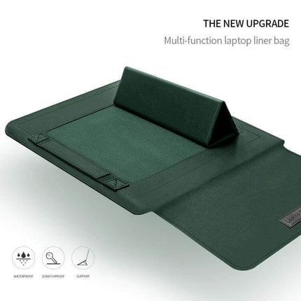 Laptop Storage Bag with Foldable Bracket for 13-14 Inch Models shown unfolded as a protective green laptop liner with support bracket