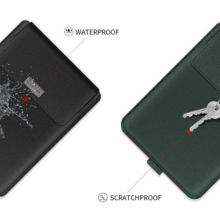 Laptop Storage Bag with Foldable Bracket for 13-14 Inch Models shown waterproof and scratchproof protective sleeve with keys