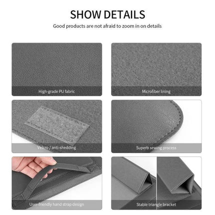 Laptop Storage Bag with Foldable Bracket for 13-14 Inch Models showing PU fabric, microfiber lining, Velcro, stitching and stable triangle bracket