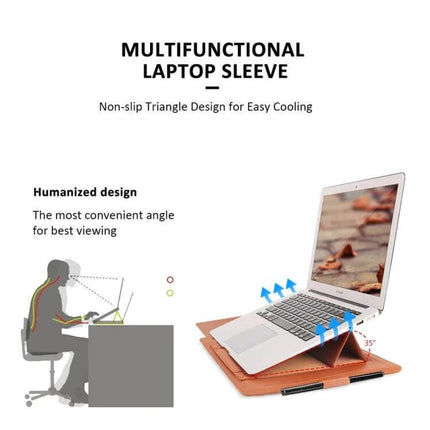 Laptop Storage Bag with Foldable Bracket for 13-14 Inch Models shown as a brown multifunctional sleeve with 35° viewing angle and cooling vents