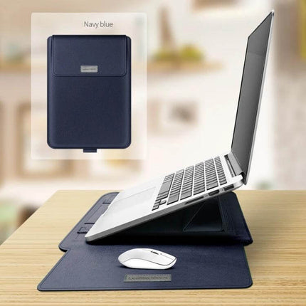 Laptop Storage Bag with Foldable Bracket for 13-14 Inch Models in navy blue shown folded and unfolded as a laptop stand and mouse pad