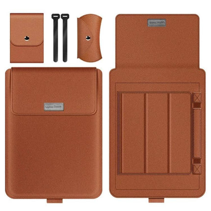 Laptop Storage Bag with Foldable Bracket for 13-14 Inch Models brown leather sleeve with foldable bracket and accessories