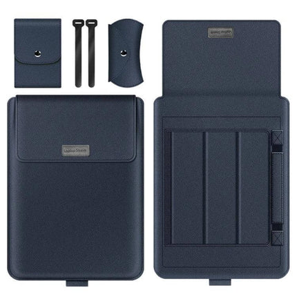 Laptop Storage Bag with Foldable Bracket for 13-14 Inch Models in navy PU leather with accessories, protective sleeve and adjustable stand