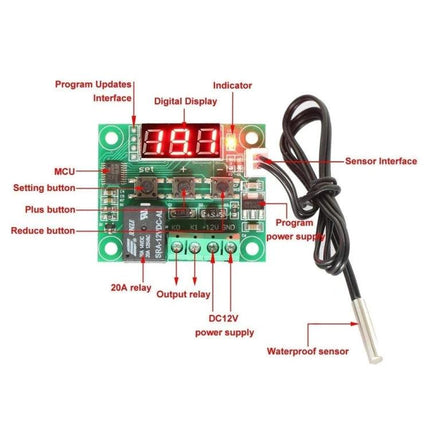 HESAI Digital Thermostat for Household Temperature Control showing digital display, buttons, relay board and waterproof sensor probe