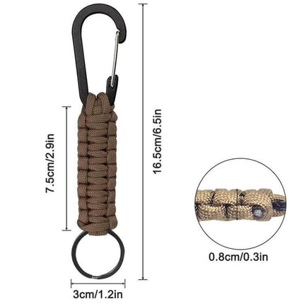 Nylon Umbrella Rope Paracord Carabiner Key Chain Army Green — compact 7-core paracord keychain with carabiner, 4 ft unfurl, 113 kg tensile strength, measurements shown