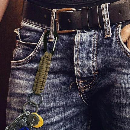 Nylon Umbrella Rope Paracord Carabiner Key Chain Army Green attached to belt loop with keys and carabiner
