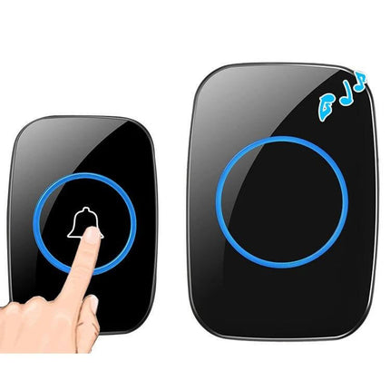 CACAZI Wireless Doorbell with 300m Range for Home Entry Notifications showing push button transmitter and wireless receiver