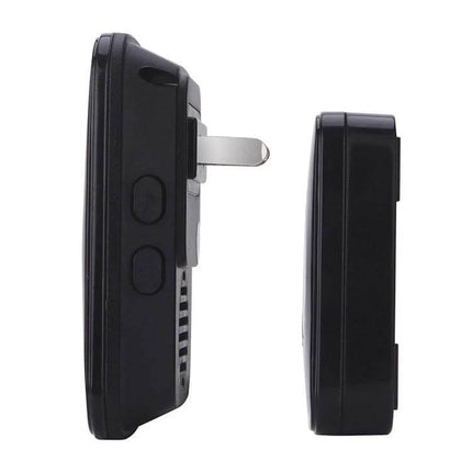 CACAZI Wireless Doorbell with 300m Range for Home Entry Notifications black plug-in chime and wireless button side view