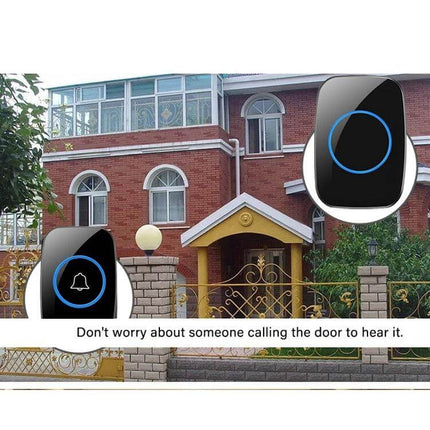 CACAZI Wireless Doorbell with 300m Range for Home Entry Notifications shown mounted outside a brick house with gate