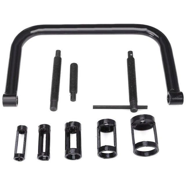 Valve Spring Compressor for Home Vehicle Maintenance - black spring compressor kit with frame, adapters, and bolts for DIY engine valve work