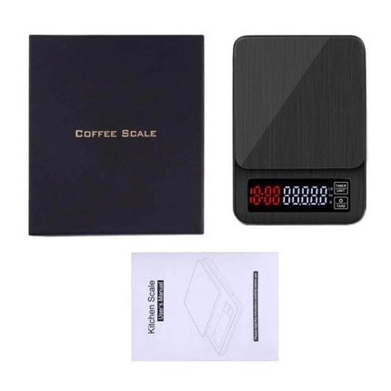 Coffee Scale With Timing For Everyday Kitchen Use - black digital coffee scale with LED display, built-in timer, USB jack and instruction manual