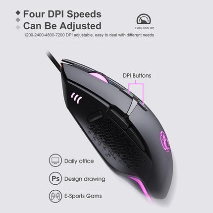 iMICE Wired Eight-Key Gaming Mouse for Everyday Precision Control showing adjustable DPI buttons, side programmable keys and RGB accents