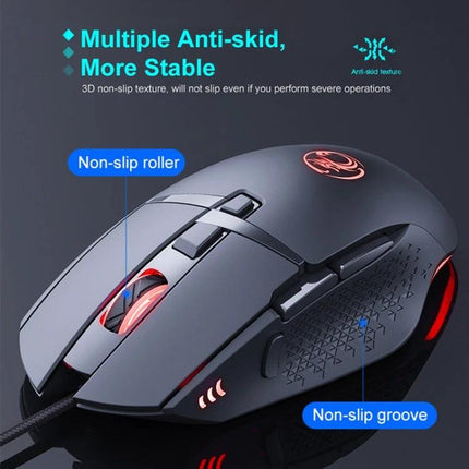 iMICE Wired Eight-Key Gaming Mouse for Everyday Precision Control - black ergonomic mouse with non-slip roller and textured side grip, programmable buttons