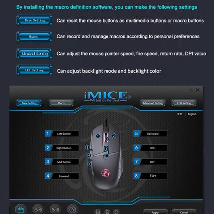 iMICE Wired Eight-Key Gaming Mouse for Everyday Precision Control - software UI showing programmable keys, DPI and macro settings
