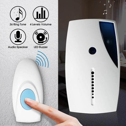 Wireless Doorbell with Multiple Chime Options for Home Entry showing door button and indoor receiver with 36 tones and adjustable volume